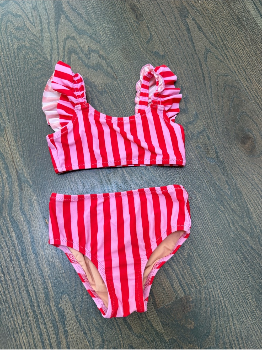 J. Crew Pink & Red Striped Ruffle-Shoulder Bikini